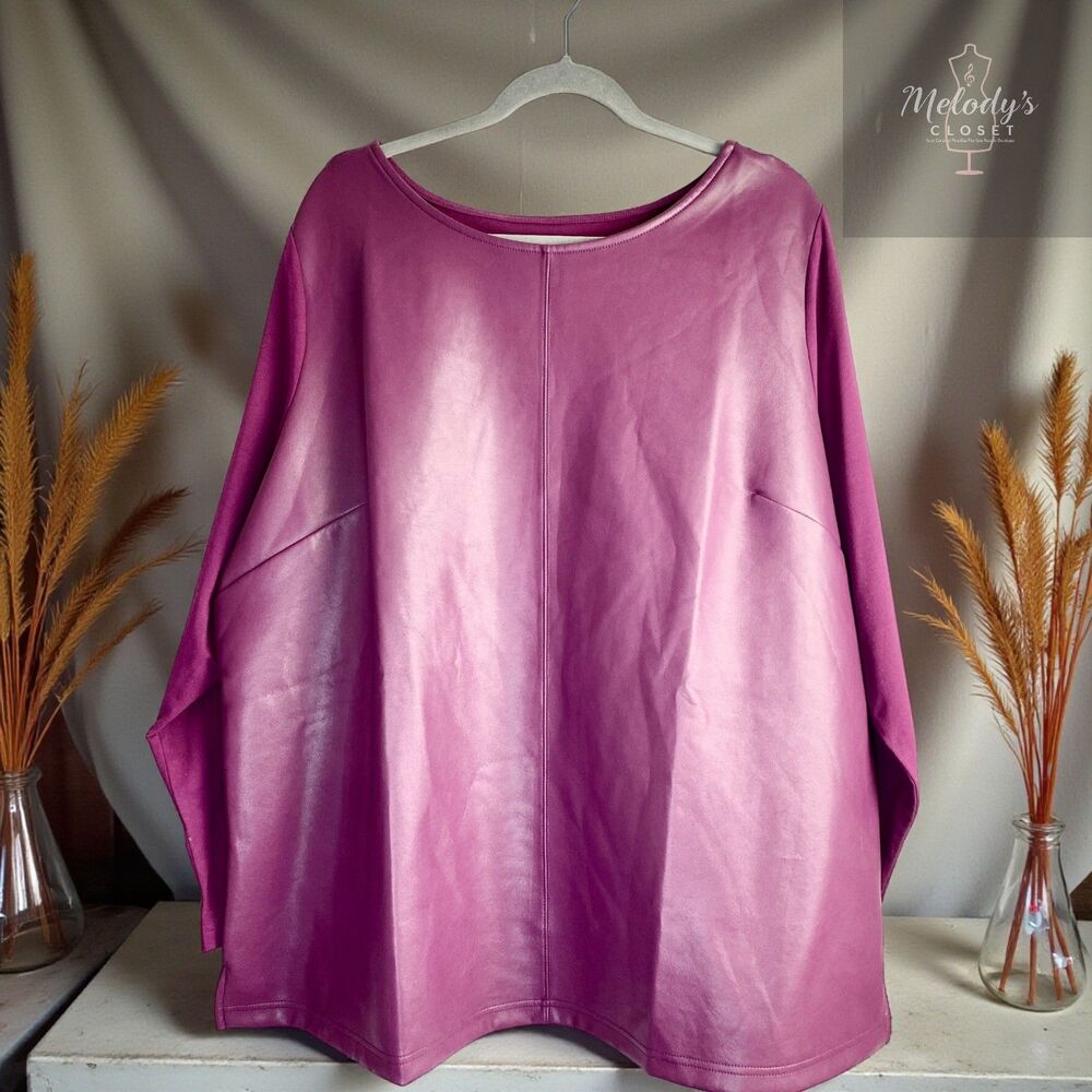 Belle Kim Gravel 2X Winetasting Faux Leather Mixed Media Top Burgundy Plus Size